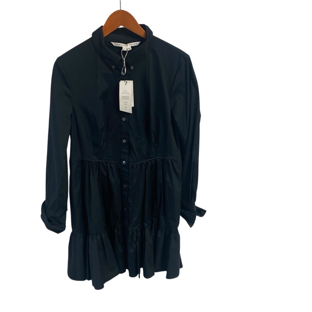 Veronica Beard Delbie Black Button Down Shirtdress Tiered RuffleHem Cotton Blend